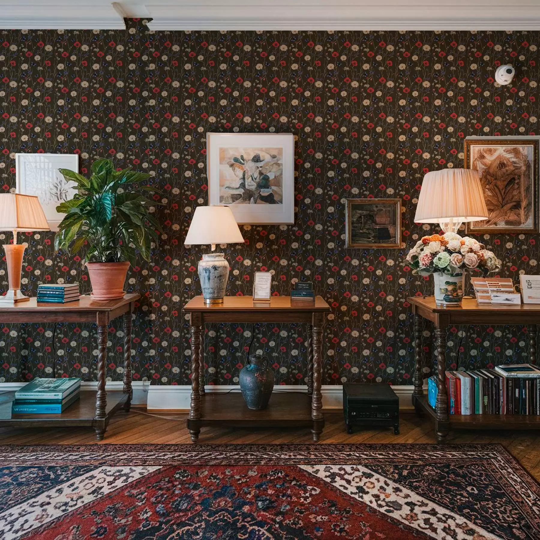 Fototapetes Magones, margrietiņas un tauriņi uz tumša fona a00072v2