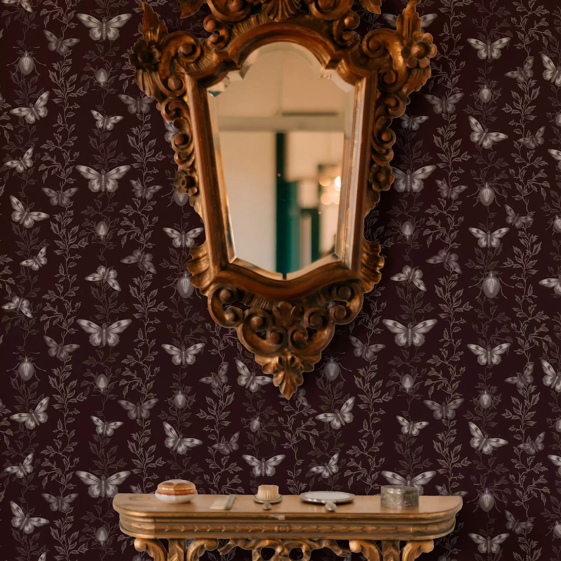 Fototapetes Kompozīcija ar tauriņiem, lapām un kukaiņiem uz tumša fona a00073v1