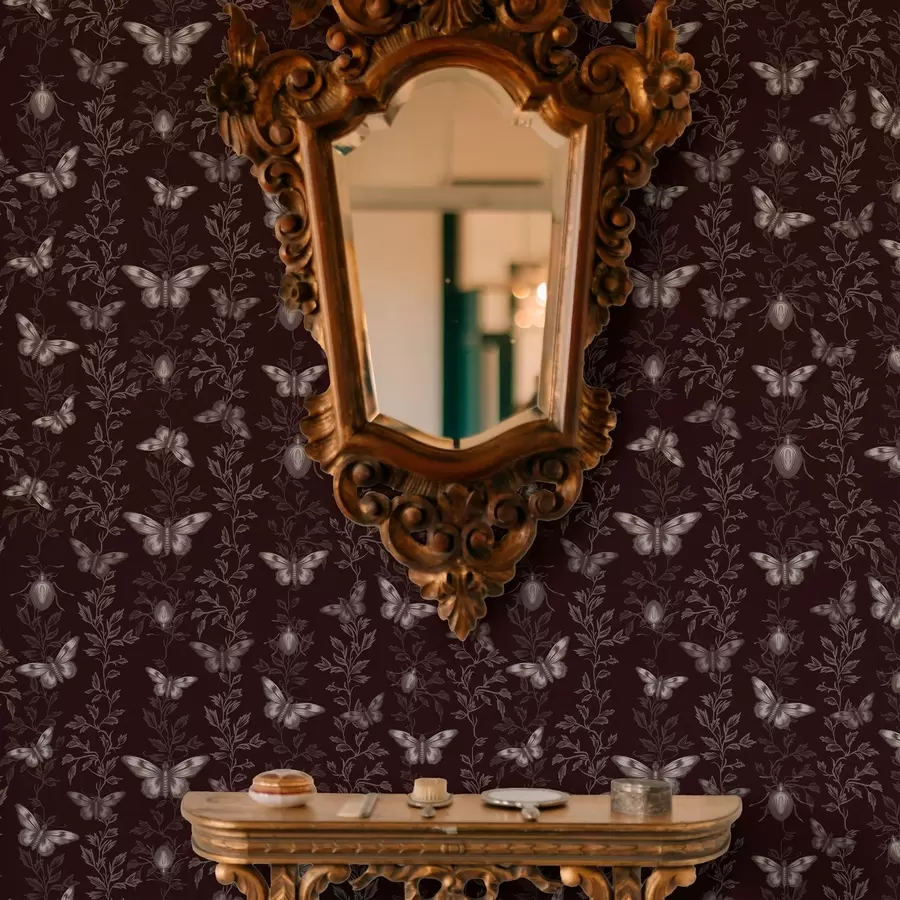 Fototapetes Kompozīcija ar tauriņiem, lapām un kukaiņiem uz tumša fona a00073v1