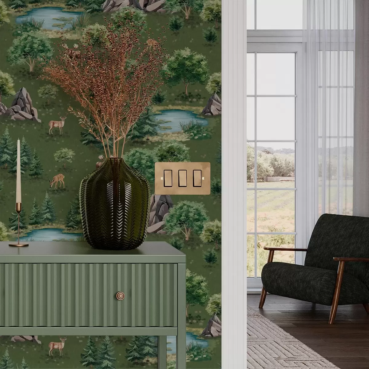 Tapetes Brieži pie ezera ar kokiem un akmeņiem a00086