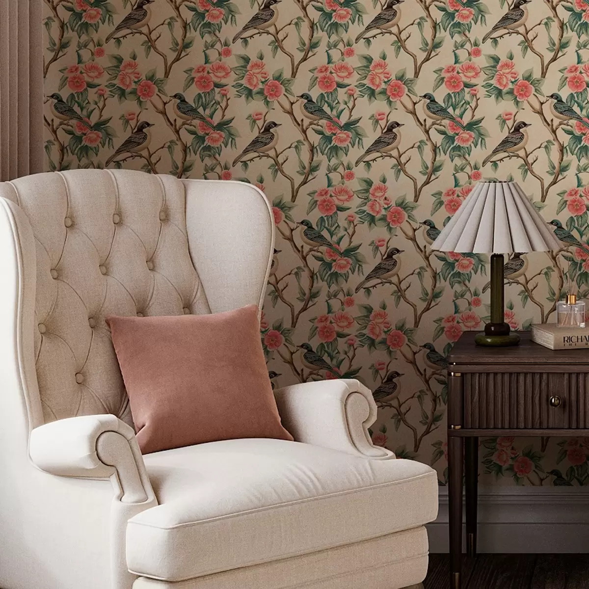 Tapetes Nelieli putni uz zariem ar ziediem uz gaiša fona a00093