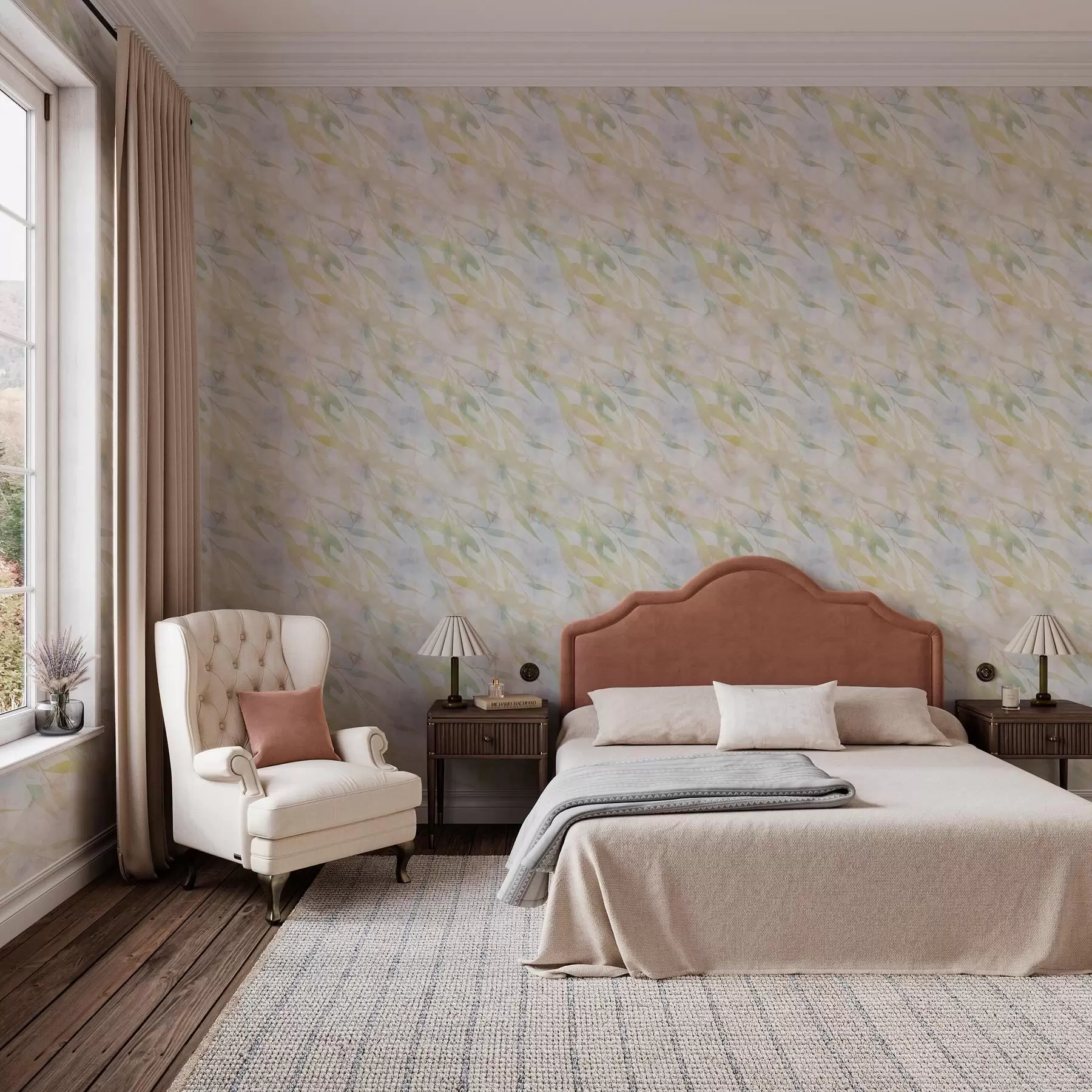 Fototapetes Dzelteni zaļi zari ar lapām vējā a00097