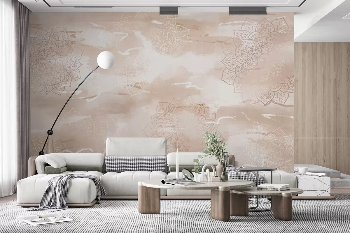 Fototapetes Mandalas uz pasteļkrāsas fona, spilgti triepieni ar otu, bēšas krāsas w03409