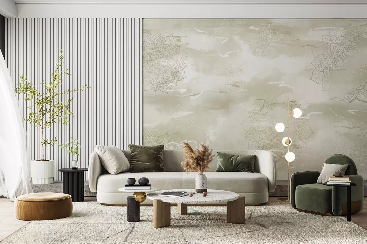 Fototapetes Mandalas uz pasteļkrāsas fona, spilgti triepieni ar otu, zaļas krāsas w03409v2