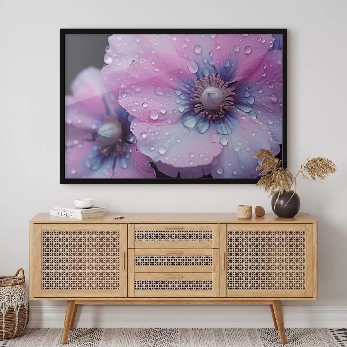 Plakāts Rozā un violeti ziedi pilnā ziedēšanas laikā, kas pārklāti ar ūdens pilieniem, uz tumša fona f43394