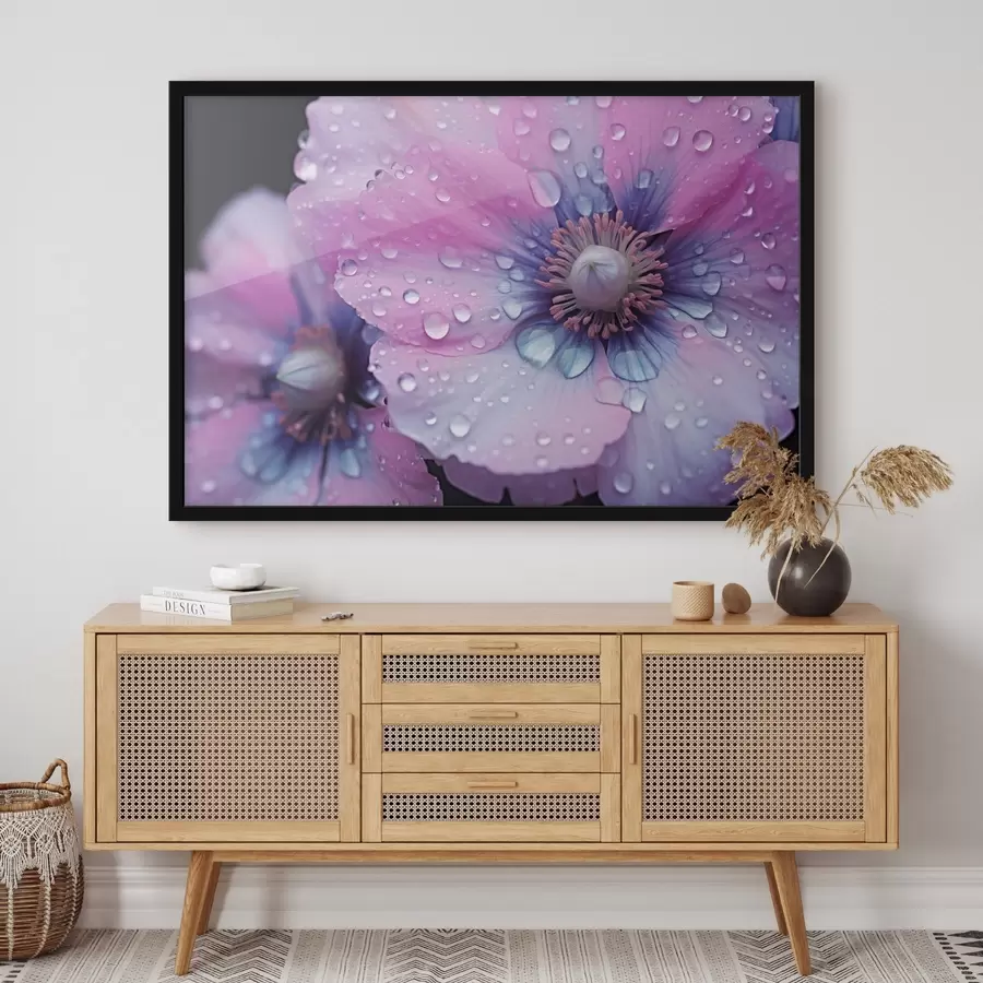 Fototapetes Rozā un violeti ziedi pilnā ziedēšanas laikā, kas pārklāti ar ūdens pilieniem, uz tumša fona f43394