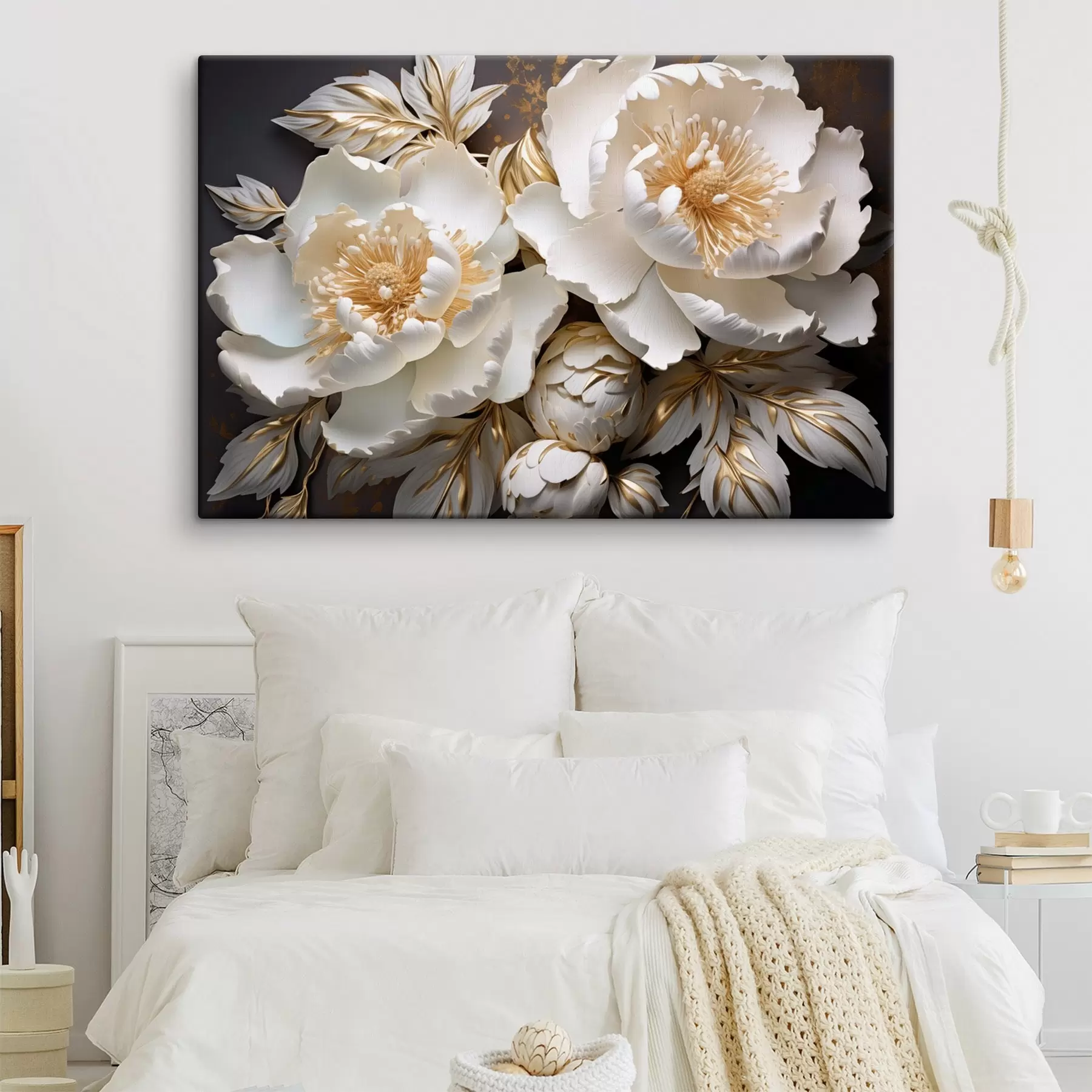 Fototapetes Baltas un dzeltenas peonijas ar lapām, sarežģītas detaļas, dekoratīvā māksla, tumšs fons s43399