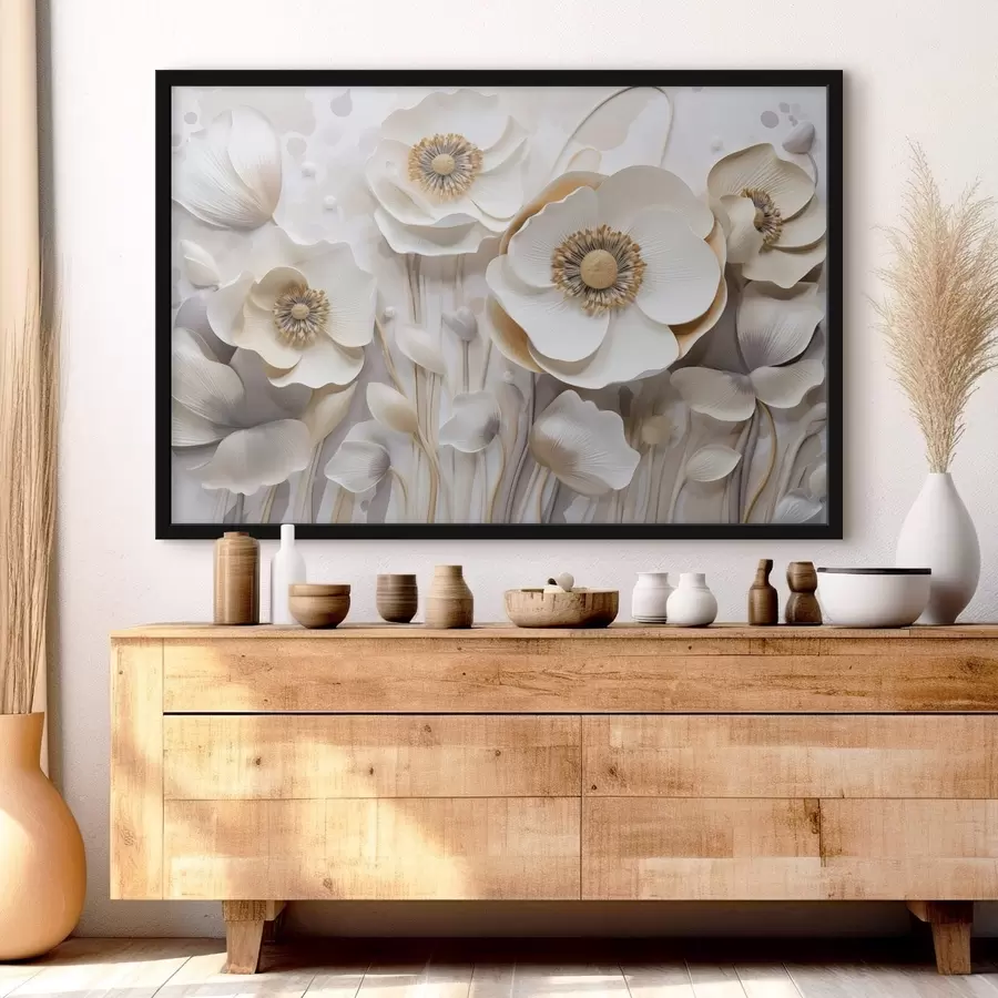 Fototapetes Balti anemonu ziedi ar dzelteniem centriem, ar minimālisma fonu, veidojot maigu ziedu dizainu f43400