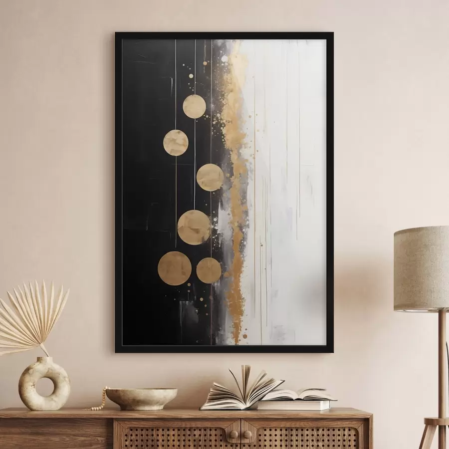 Fototapetes Abstraktā māksla ar dzelteniem apļiem, kas karājas uz melnā un baltā fona ar baltiem un dzelteniem plankumiem f43410