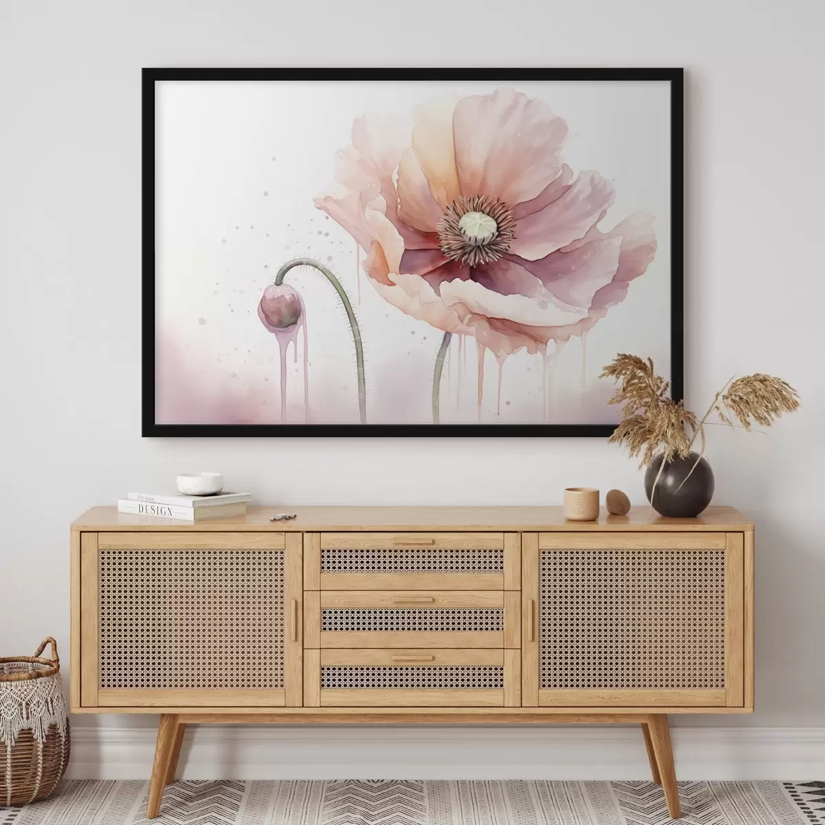 Plakāts Rozā magones zieds ar pumpuru uz balta fona, akvareļglezniecības imitācija ar pilieniem, maigas krāsas f43402