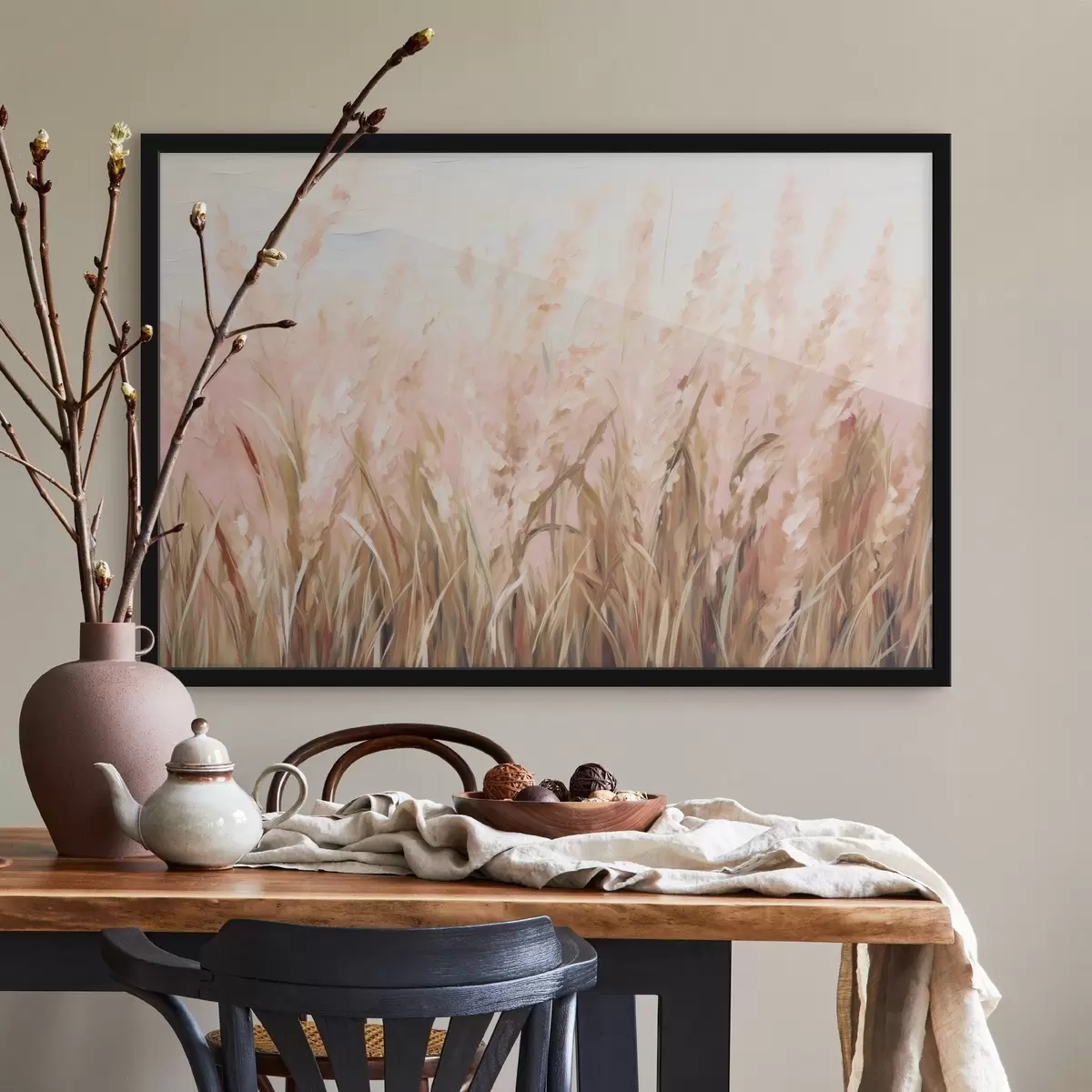 Plakāts Pampas zāliena lauks ar rozā un brūniem toņiem, mīksti triepieni ar otu, abstraktā eļļas glezna mākslas imitācija f43403