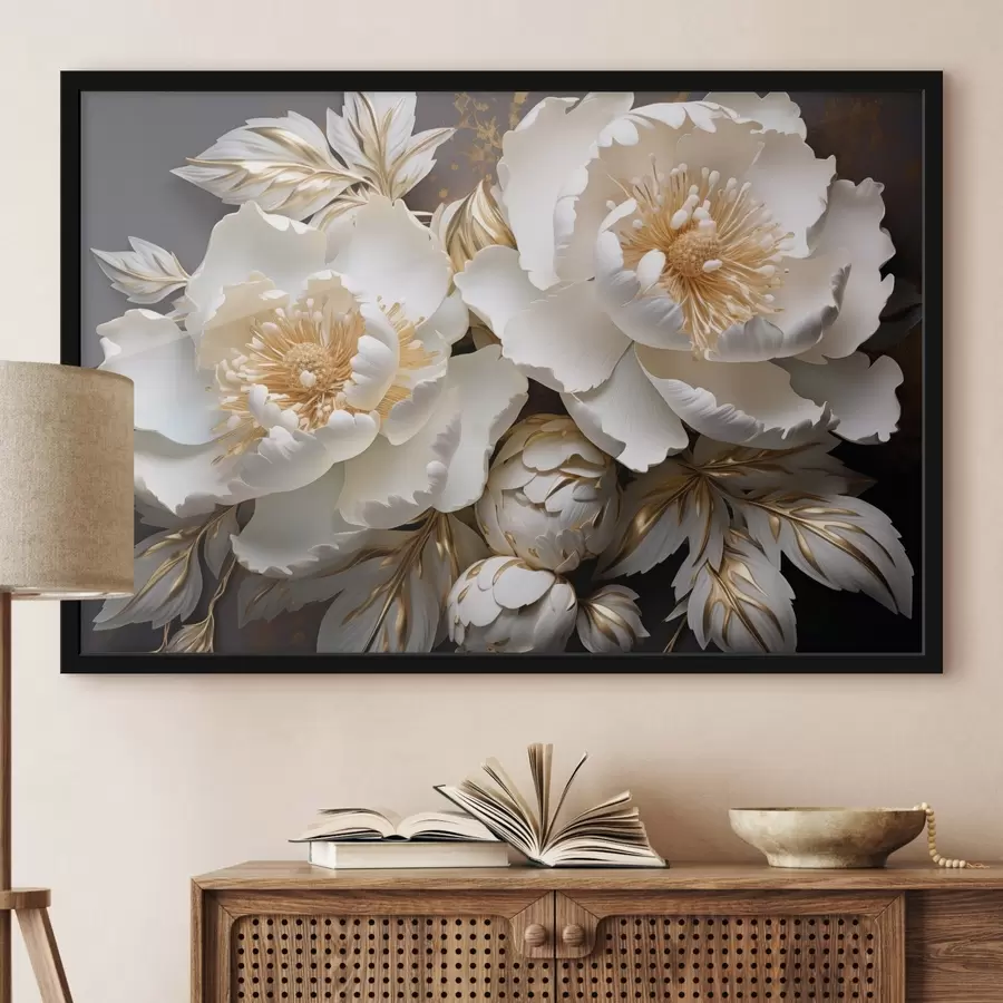 Glezna Baltas un dzeltenas peonijas ar lapām, sarežģītas detaļas, dekoratīvā māksla, tumšs fons f43399