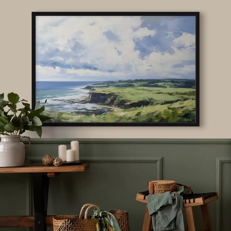 Fototapetes Zaļš lauks ar klinti piekrastē, zila jūra ar viļņiem, mākoņainas debesis, minimālisma mūsdienu eļļas glezna imitācija f43406