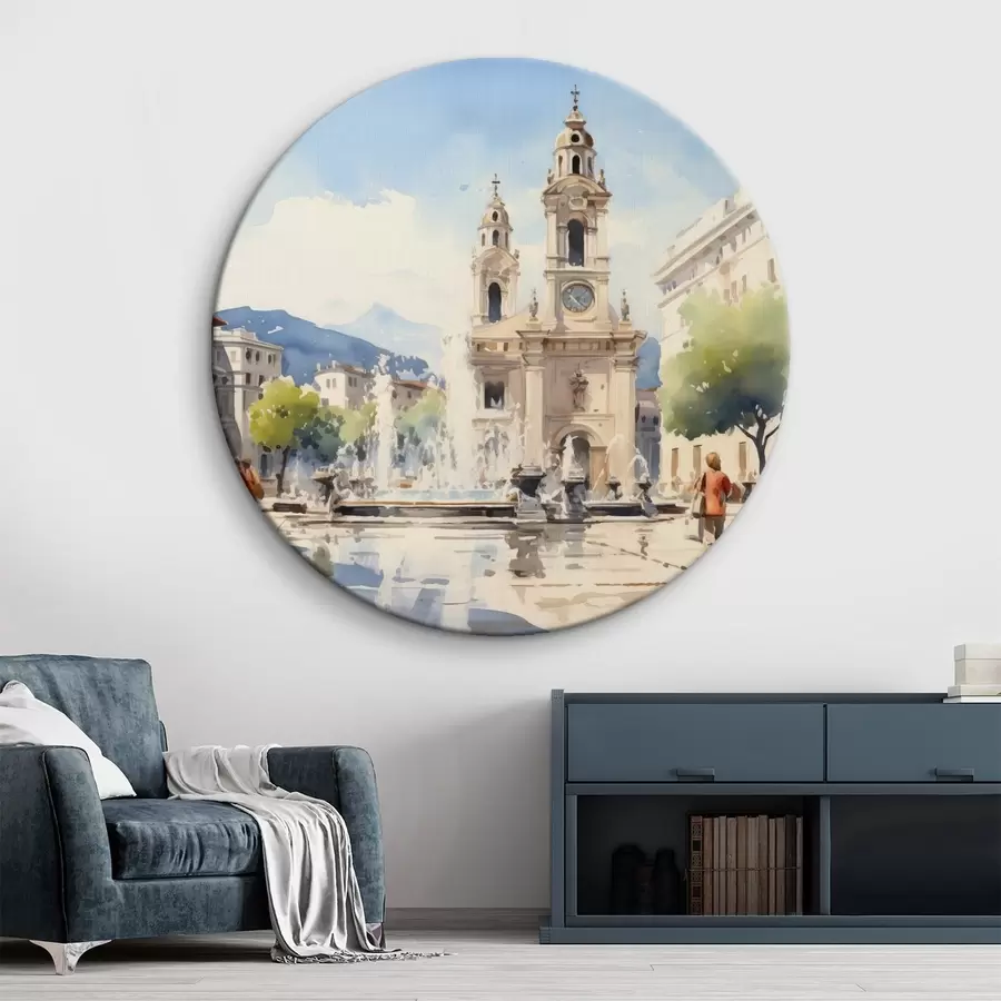 Glezna Abstraktā pilsētas ainava ar torni un strūklaku pilsētas laukumā, kalni tālumā, akvareļa stilā r43397