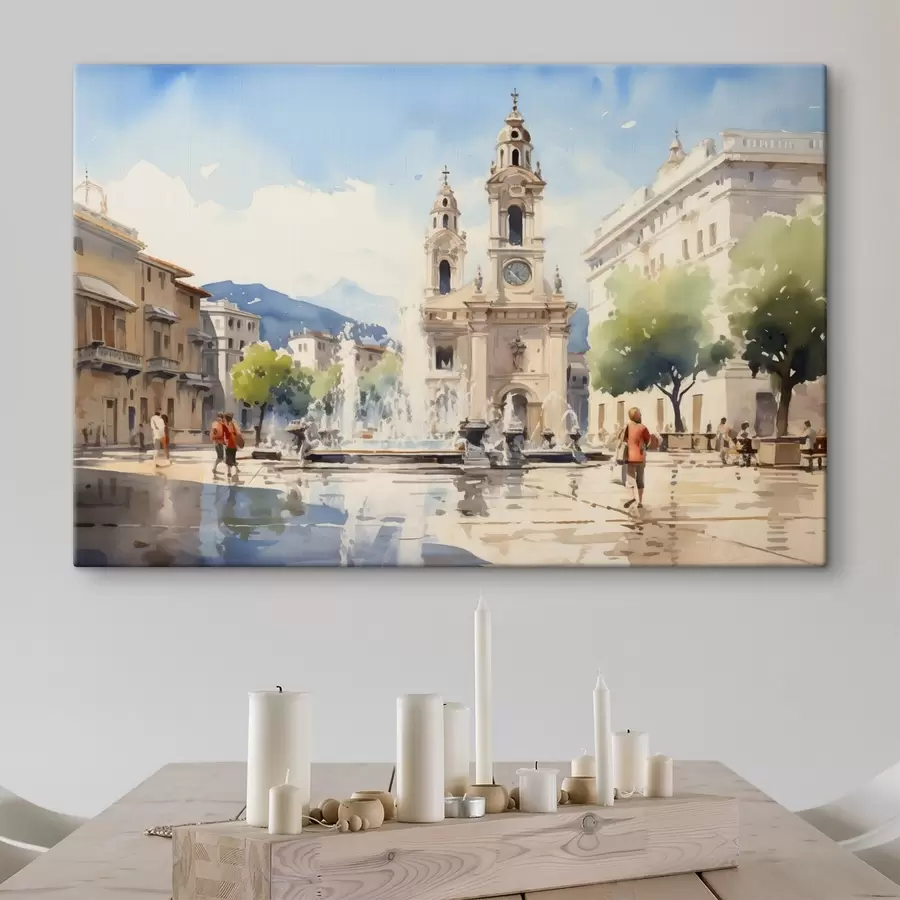Glezna Abstraktā pilsētas ainava ar torni un strūklaku pilsētas laukumā, kalni tālumā, akvareļa stilā s43397