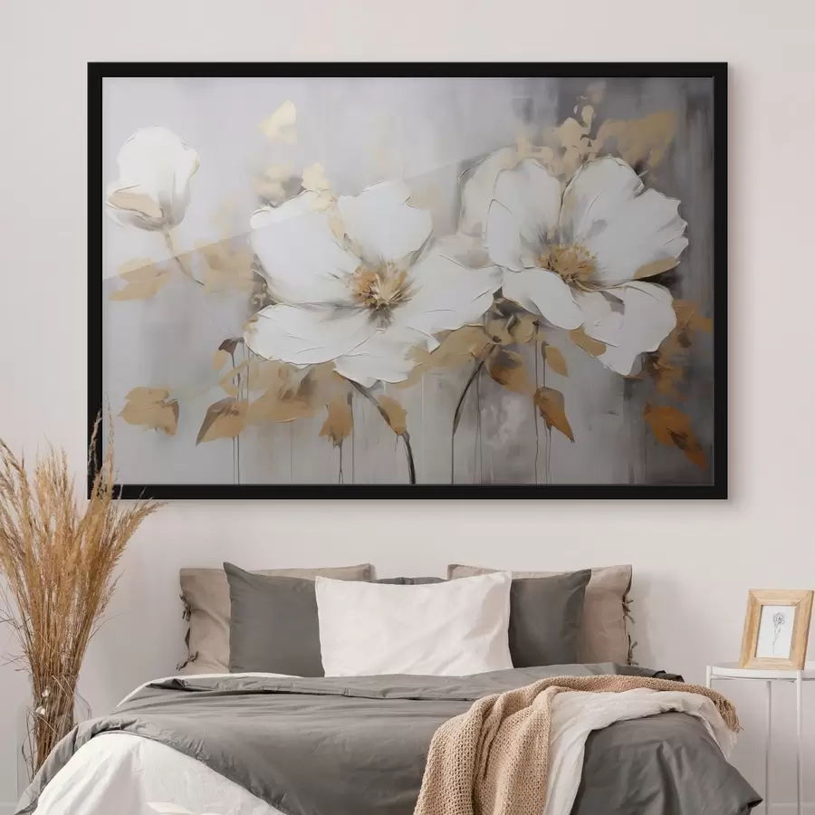 Fototapetes Balti ziedi ar dzeltenām lapām uz balta fona, bieza triepienu imitācija, teksturēts moderns stils f43389