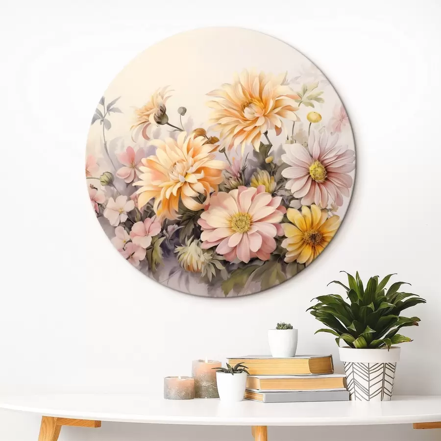 Glezna Rozā, dzeltenu un oranžu ziedu kolekcija, viegls fons, maigas krāsas, vintage stils, botāniska ilustrācija r43401