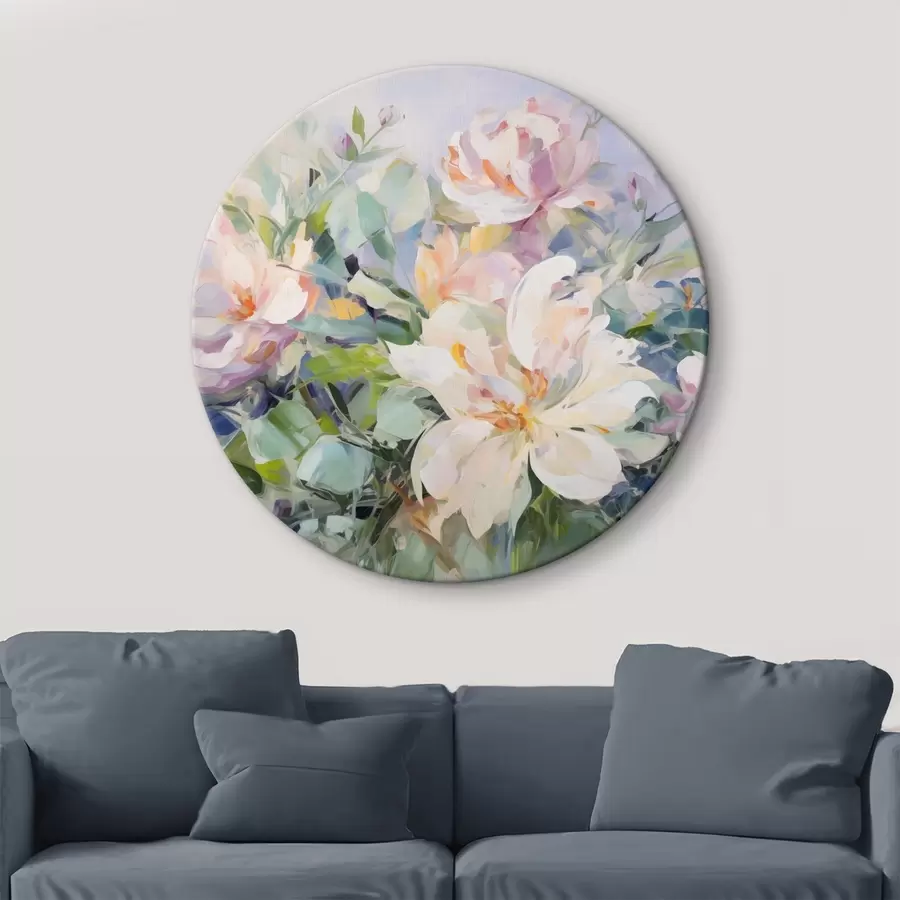 Glezna Ziedu kompozīcija ar pasteļkrāsas ziediem ar zilām lapām, eļļas glezniecības imitācija r43390