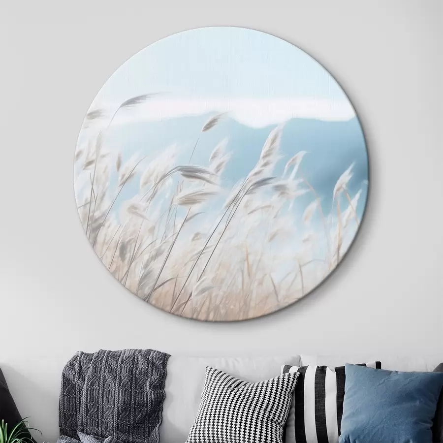 Fototapetes Zāle, pampas lauks ar zilu kalnu fonā, gaiši zilas debesis, minimālisma, pasteļtoņi r43404