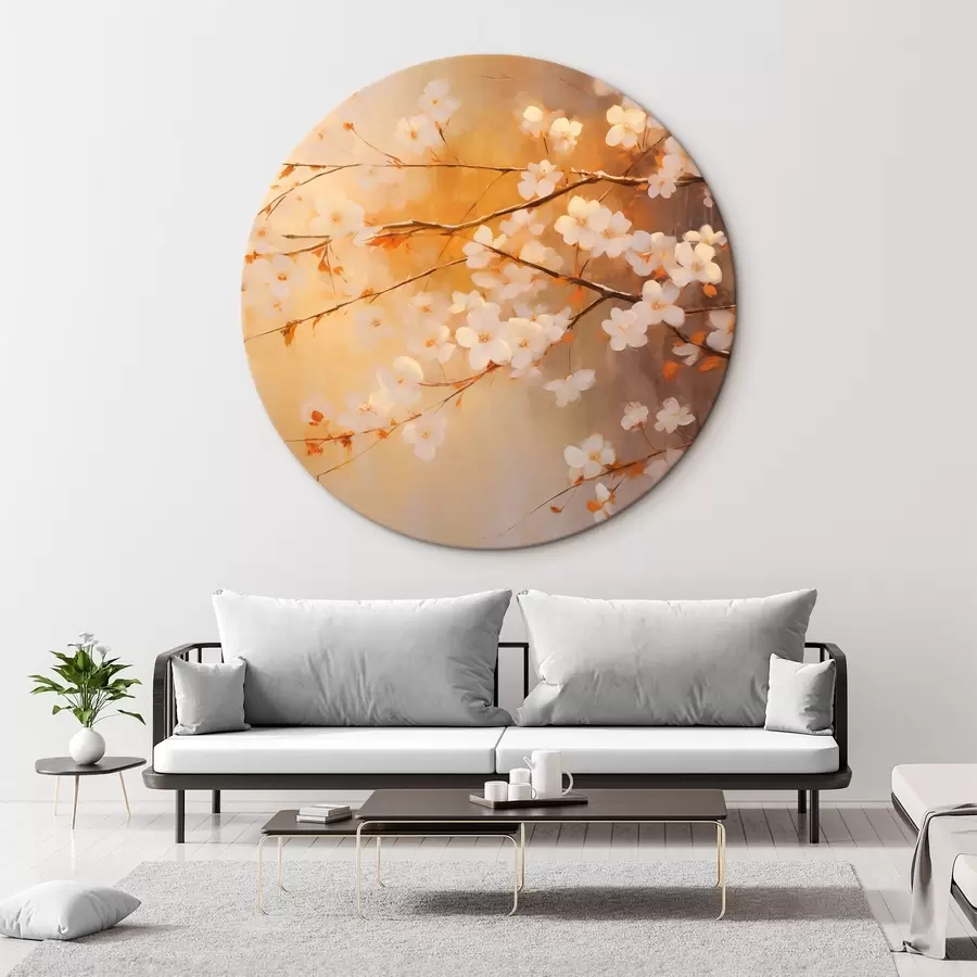 Glezna Ķiršu ziedu zari ar oranžiem ziediem, silta krāsu palete, uz neskaidra dzeltenu toņu fona r43407