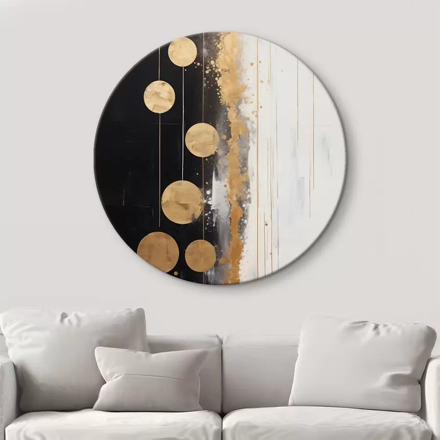 Fototapetes Abstraktā māksla ar dzelteniem apļiem, kas karājas uz melnā un baltā fona ar baltiem un dzelteniem plankumiem r43410