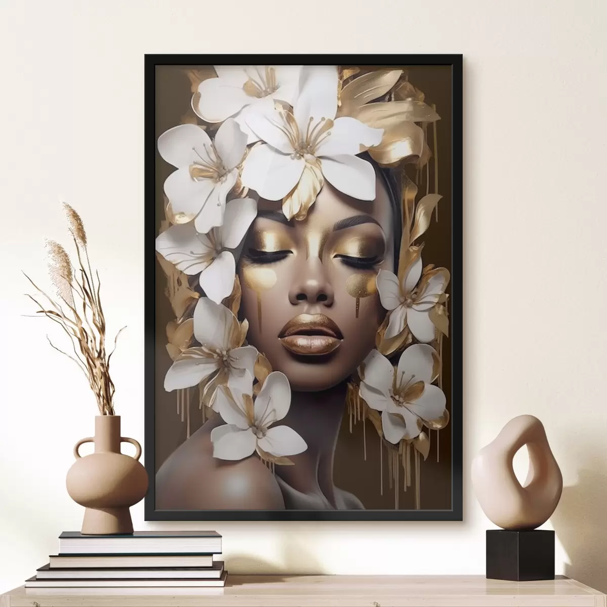 Plakāts Sievietes portrets ar ziedu elementiem f43417