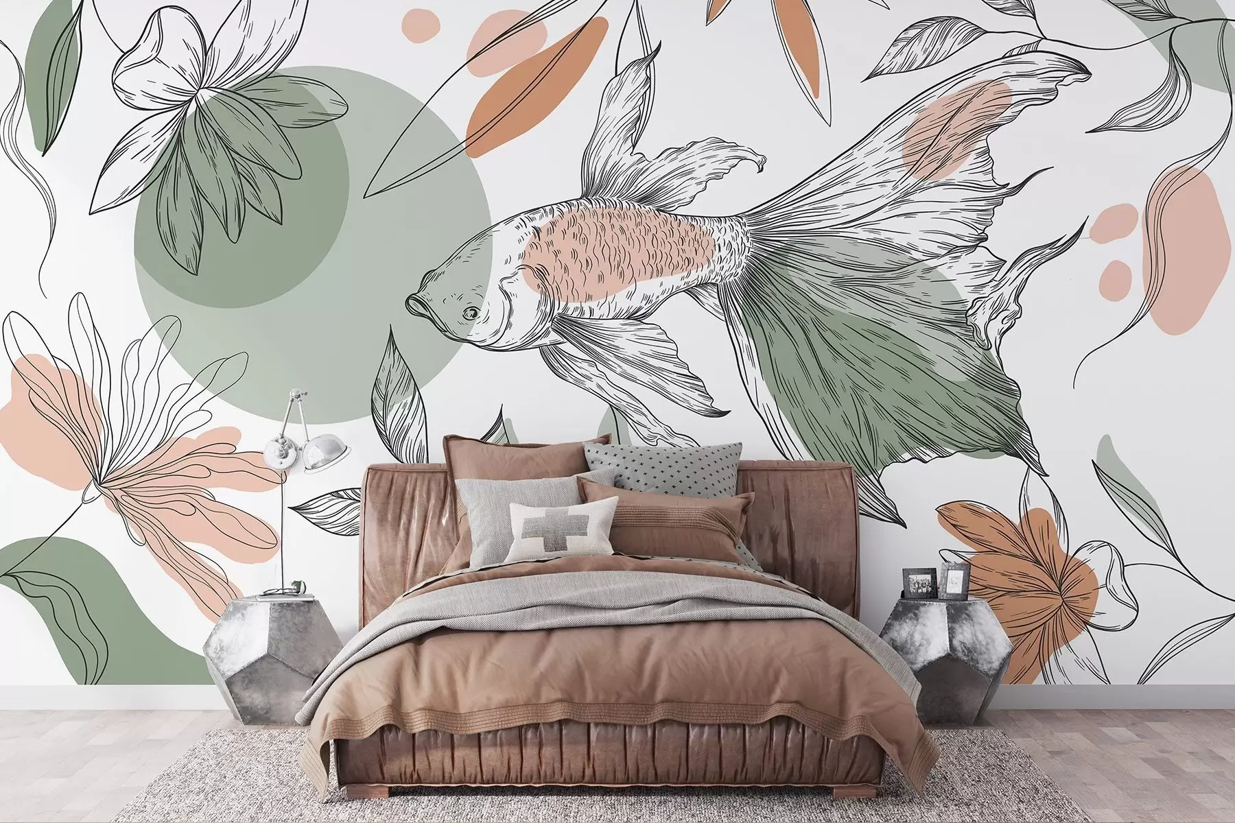 Fototapetes Line zīmējums zivis ar ziediem, minimālisms, jūras, ziedu, dabas krāsas w03448