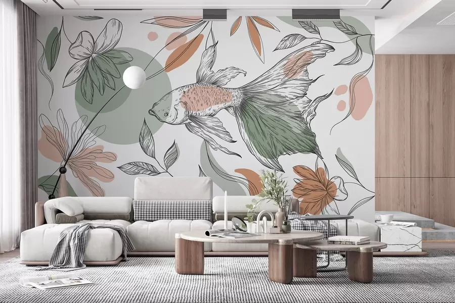 Fototapetes Line zīmējums zivis ar ziediem, minimālisms, jūras, ziedu, dabas krāsas w03448