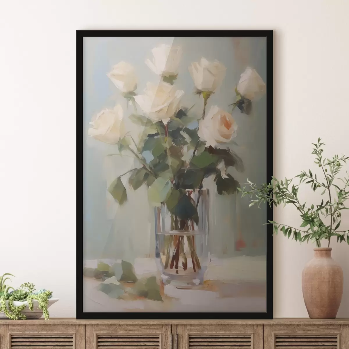 Plakāts Rozes stikla vāzē imitējoša glezniecība f43432