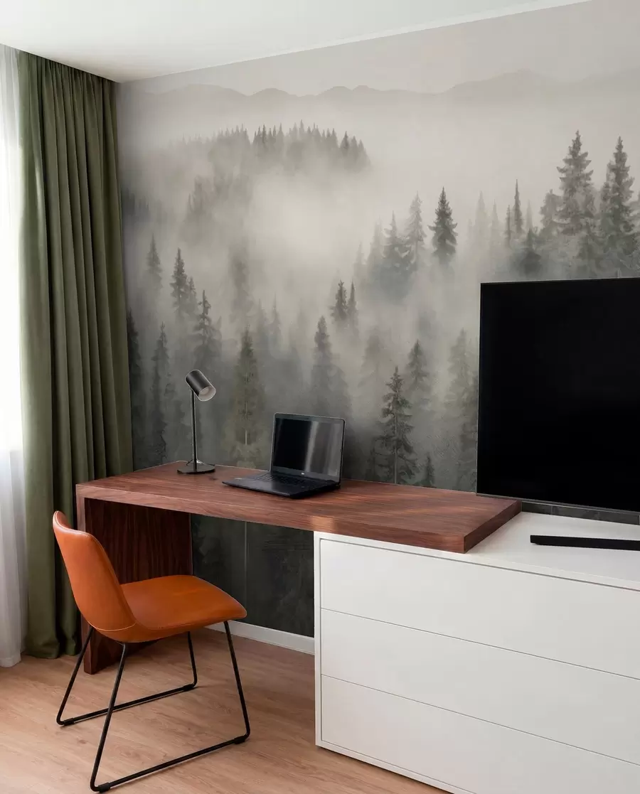 Fototapetes Miglains skujkoku mežs w03524