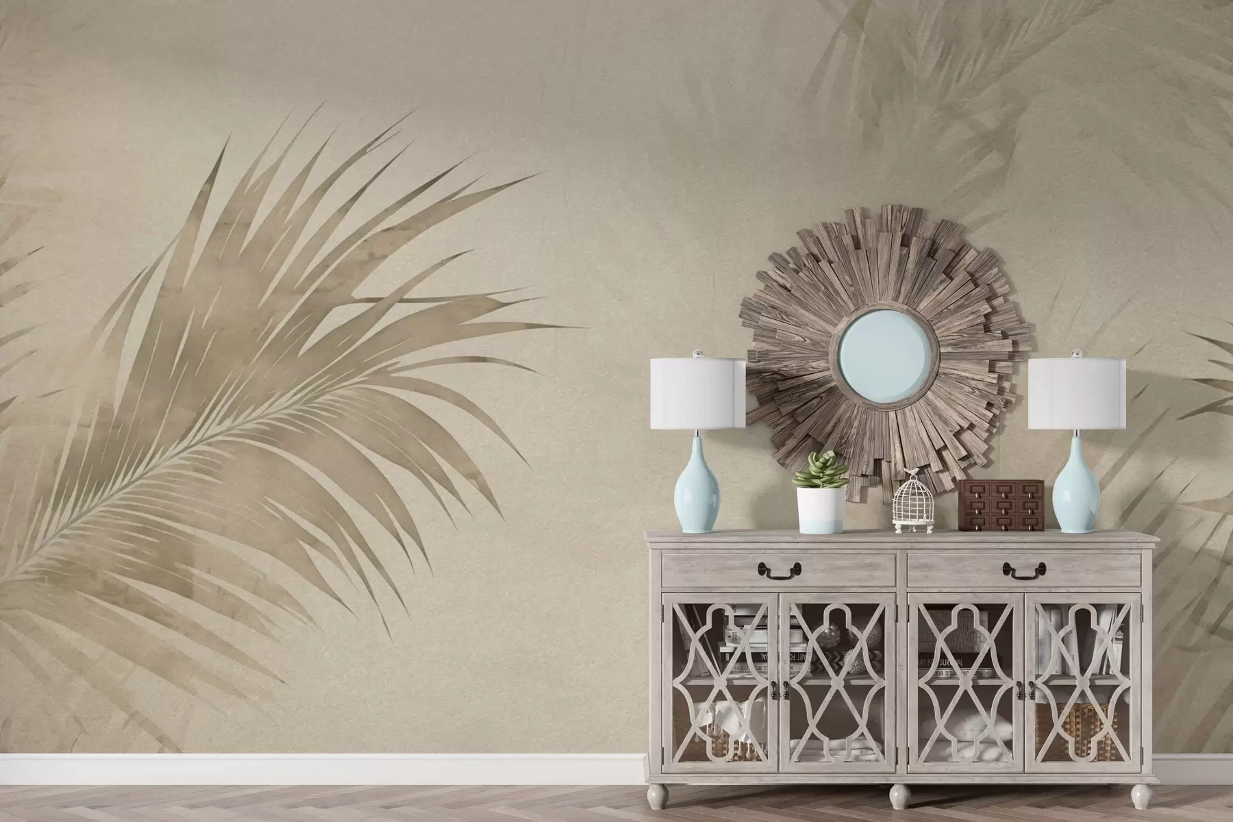 Fototapetes Tropu lapas miglā grunge stilā w03534