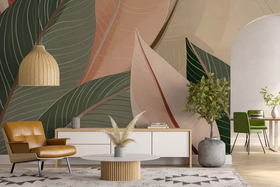 Fototapetes Lapu tuvplāns olīvu zaļā un rozā krēmkrāsas krāsās w08944