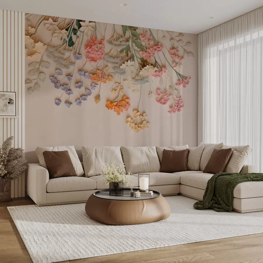 Fototapetes Karājas apjomīgas savvaļas puķes uz smilškrāsas fona w08940