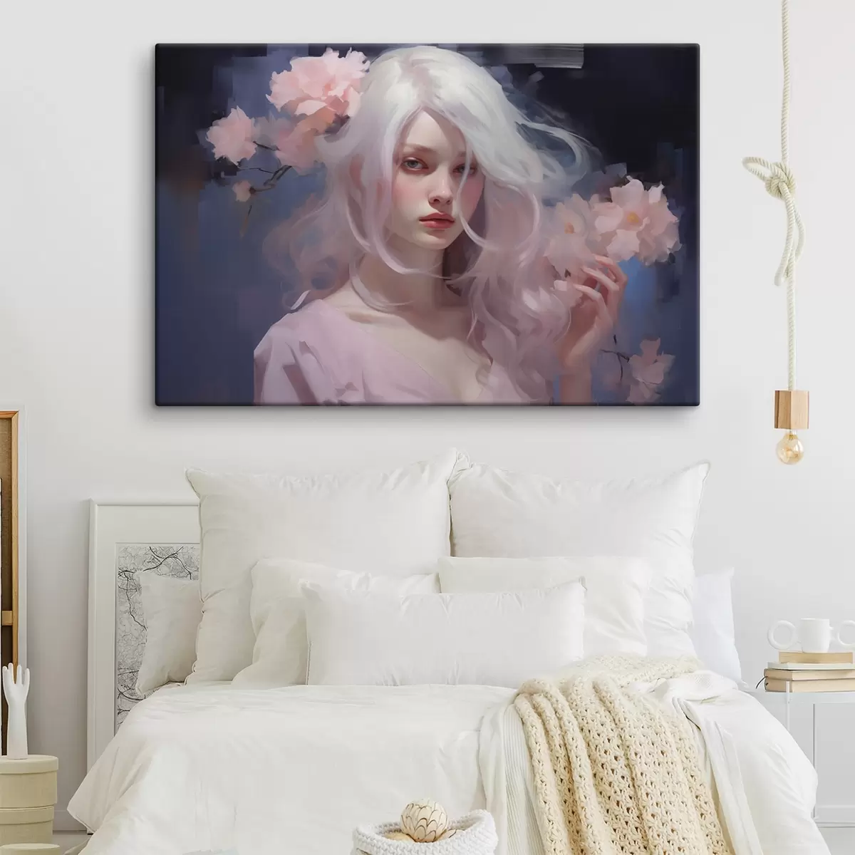 Glezna Meitene ar peonijām, akrila stila zīmējums, tumšs fons  s43496