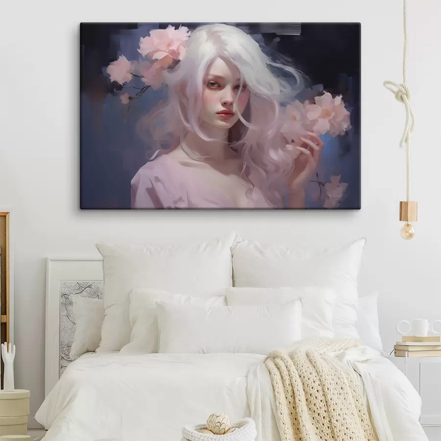 Glezna Meitene ar peonijām, akrila stila zīmējums, tumšs fons  s43496