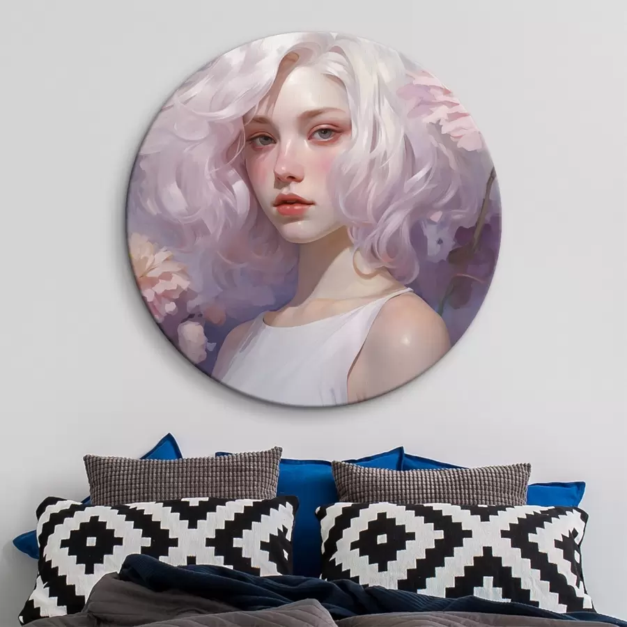 Glezna Skaista meitene ziedos, akrila stila zīmējums, Japāna, violetas krāsas r43495