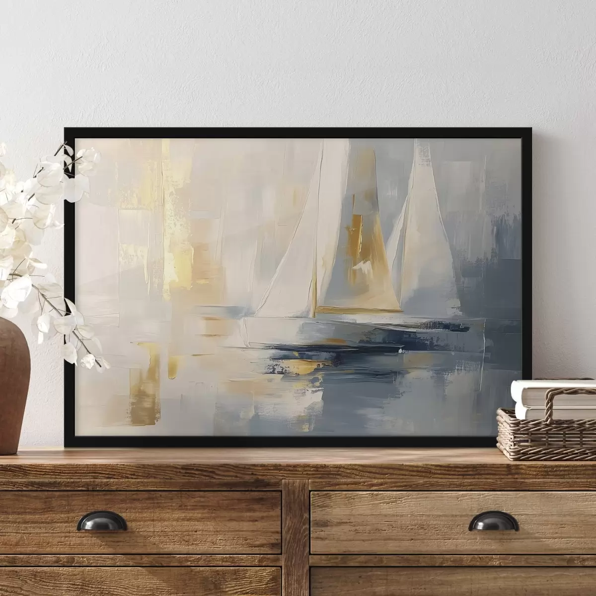 Plakāts Abstrakcija ar buru laivām jūrā, akrila stilā, saulriets f43500
