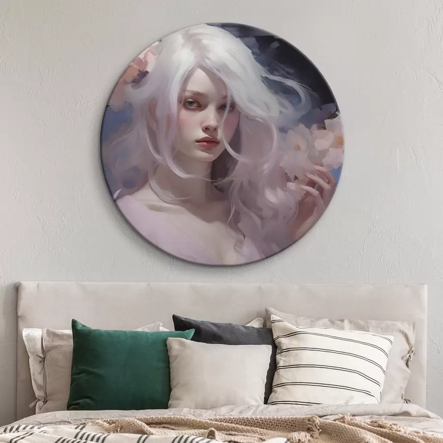 Glezna Meitene ar peonijām, akrila stila zīmējums, tumšs fons r43496