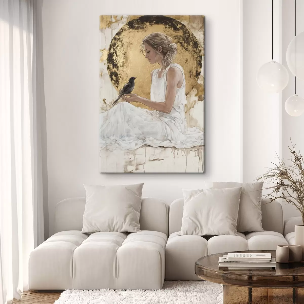 Glezna Skaista sieviete ar putnu, Grieķija, akrila stila zīmējums s43503