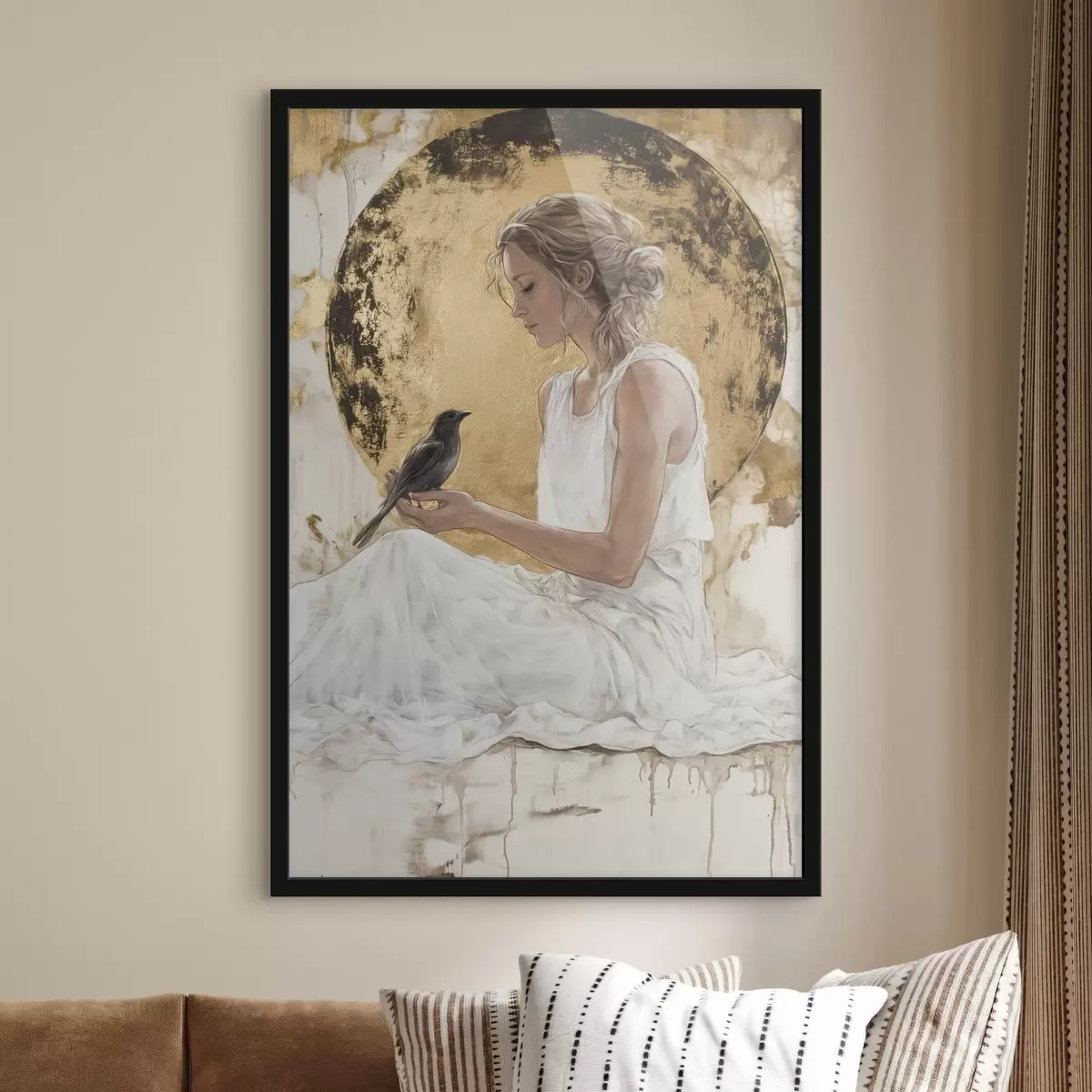 Plakāts Skaista sieviete ar putnu, Grieķija, akrila stila zīmējums f43503