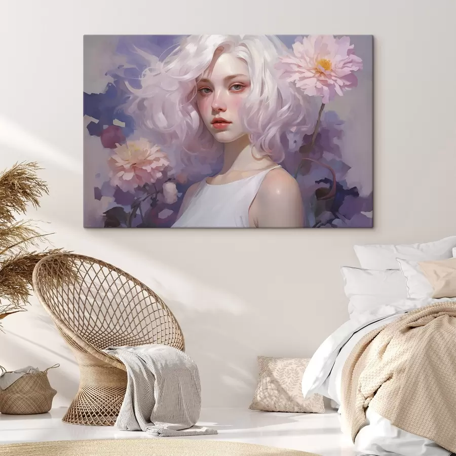 Glezna Skaista meitene ziedos, akrila stila zīmējums, Japāna, violetas krāsas s43495