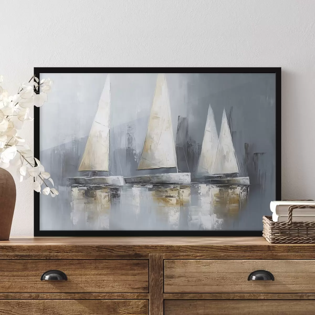 Plakāts Buru laivas ar atspulgiem ūdenī, eļļas stila zīmējums, pelēkas krāsas f43506