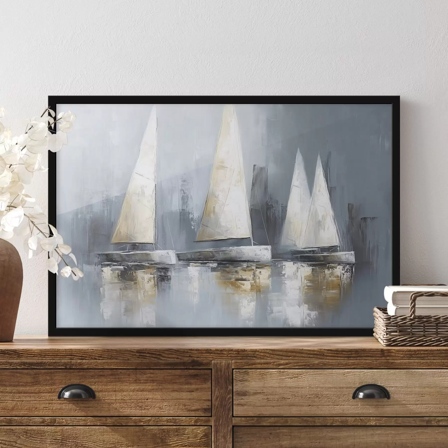 Glezna Buru laivas ar atspulgiem ūdenī, eļļas stila zīmējums, pelēkas krāsas f43506