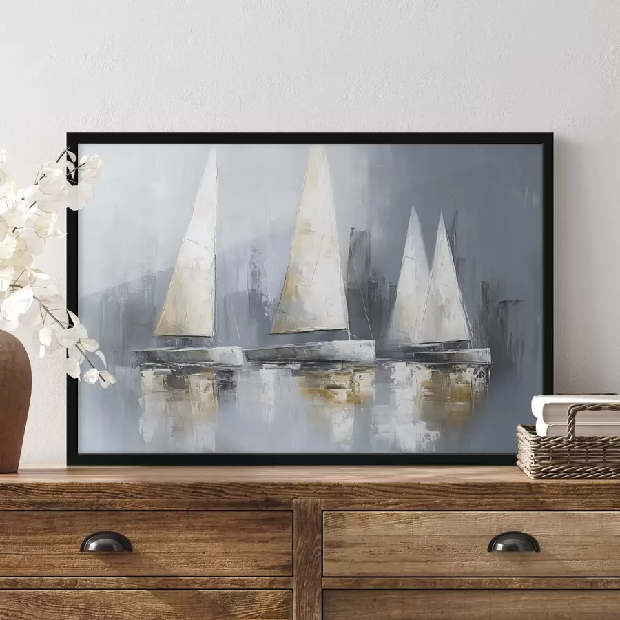 Fototapetes Buru laivas ar atspulgiem ūdenī, eļļas stila zīmējums, pelēkas krāsas f43506