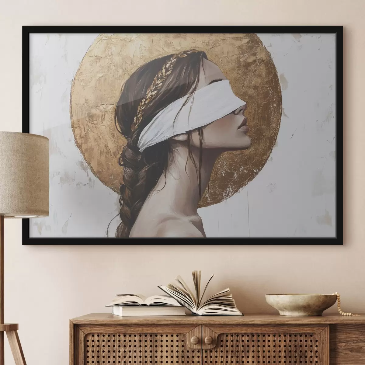 Plakāts Sieviete ar pārsēju uz acīm, Grieķija, akrila stila zīmējums f43502