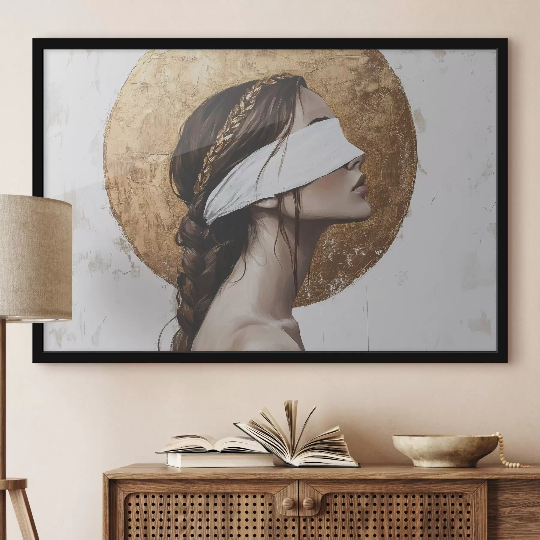 Fototapetes Sieviete ar pārsēju uz acīm, Grieķija, akrila stila zīmējums f43502