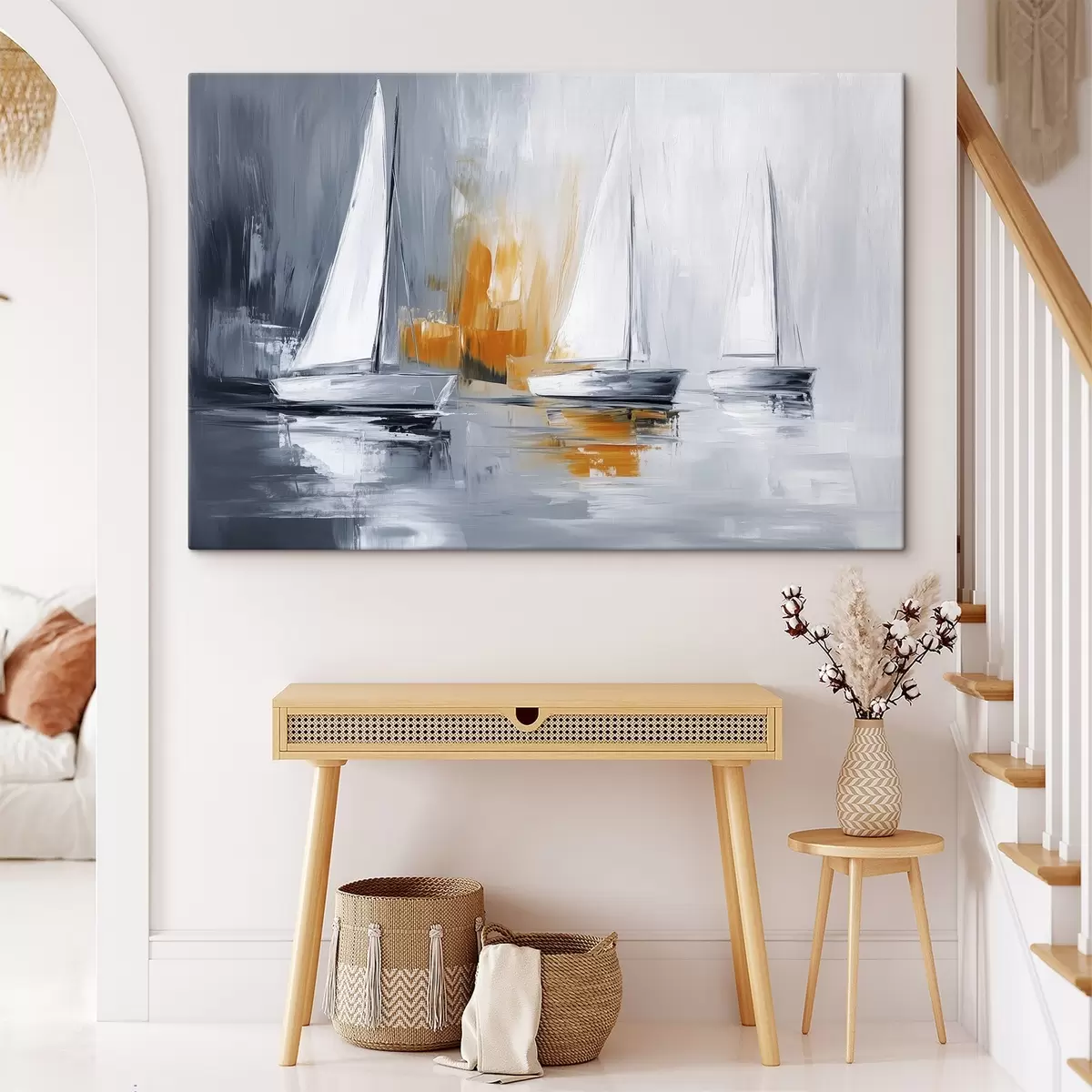 Glezna Buru laivas, abstrakcija, akrila stila zīmējums, pelēks un oranžs s43499