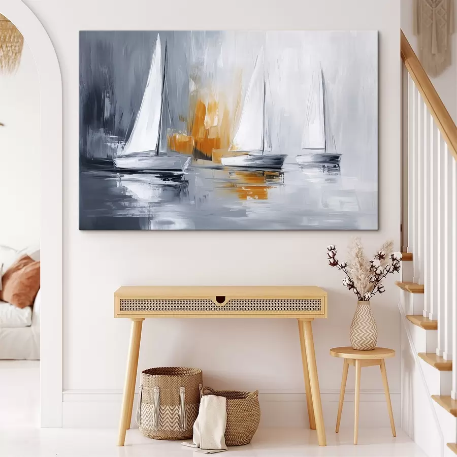 Glezna Buru laivas, abstrakcija, akrila stila zīmējums, pelēks un oranžs s43499