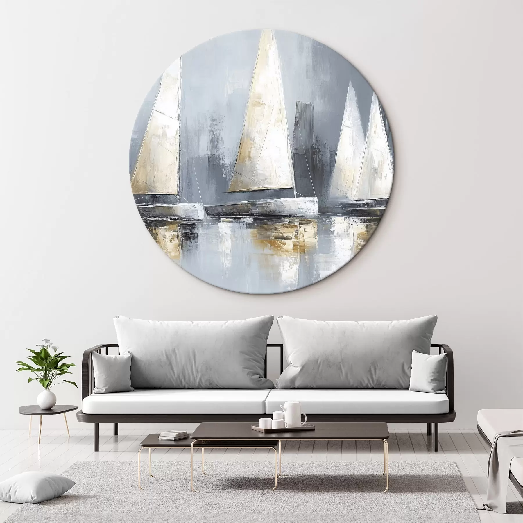 Glezna Buru laivas ar atspulgiem ūdenī, eļļas stila zīmējums, pelēkas krāsas r43506