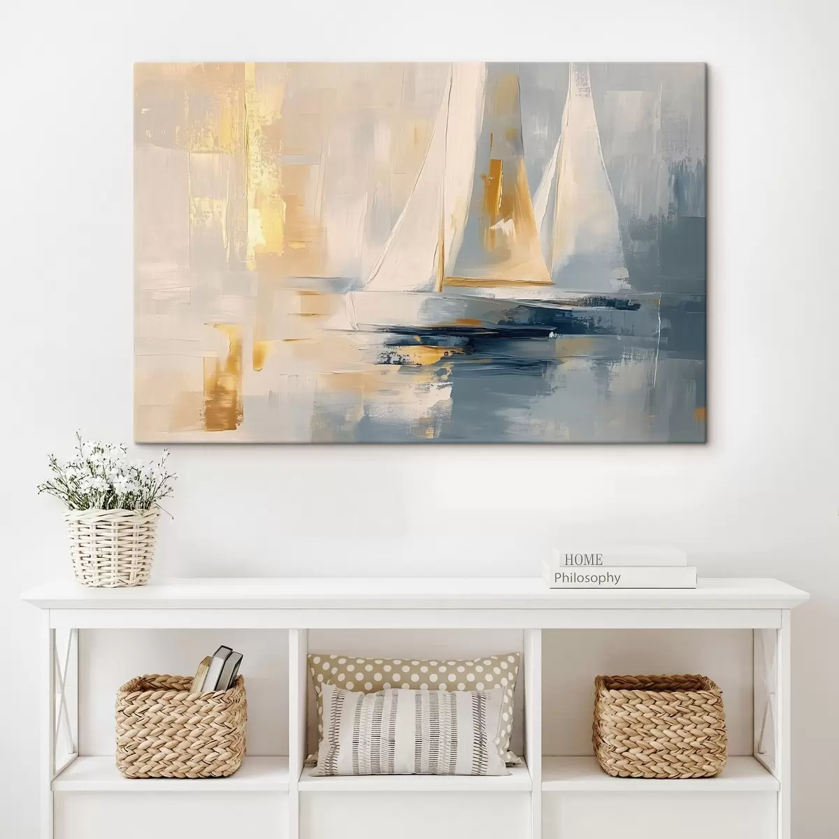 Glezna Abstrakcija ar buru laivām jūrā, akrila stilā, saulriets s43500